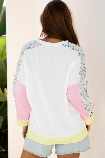 Light Pink Floral Colorblock Patchwork Chest Pocket Notched Neck Long Sleeve Top