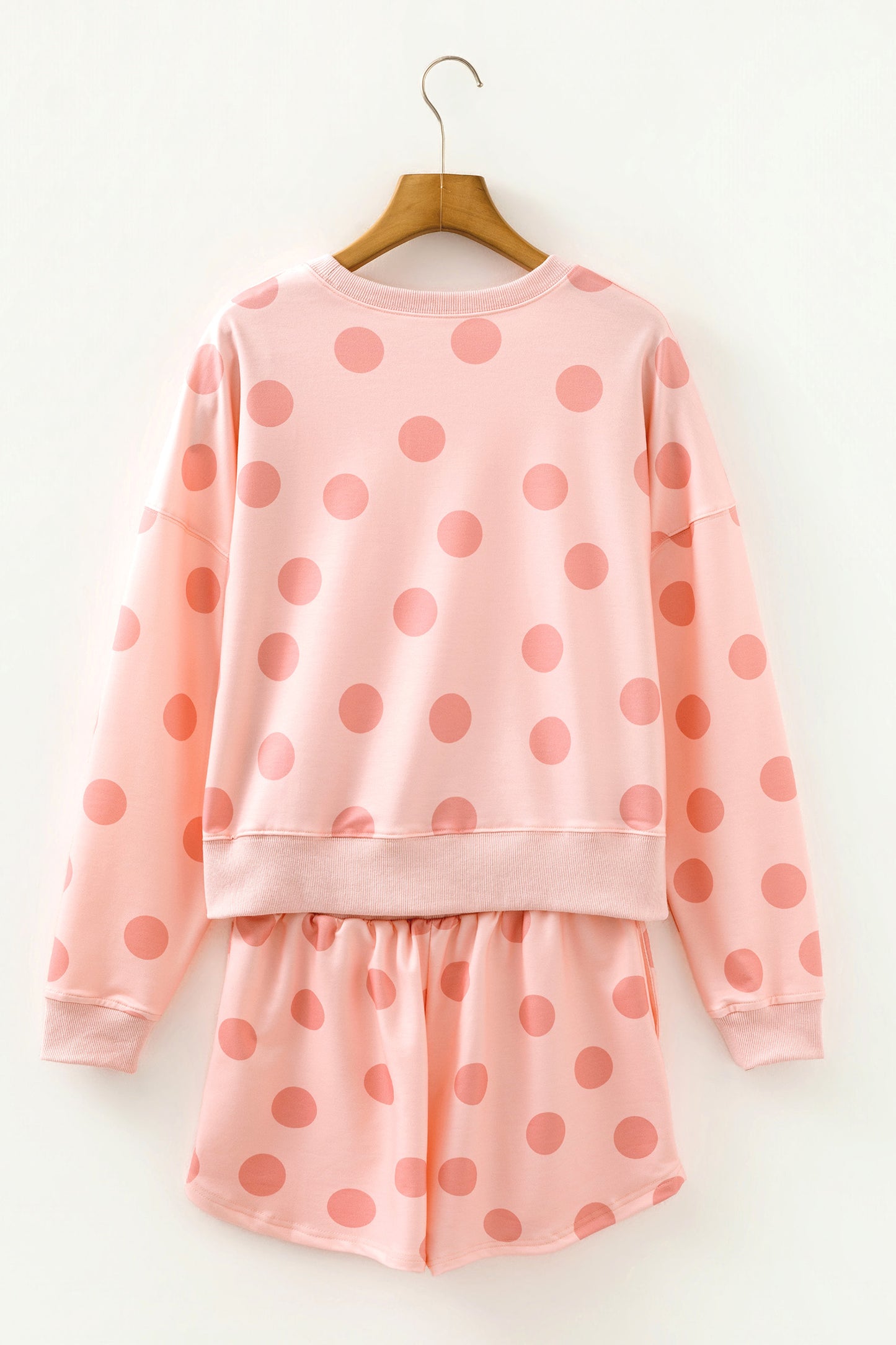 Beige Polka Dot Print Drop Shoulder Pullover Drawstring Shorts Set