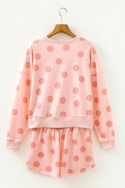 Beige Polka Dot Print Drop Shoulder Pullover Drawstring Shorts Set