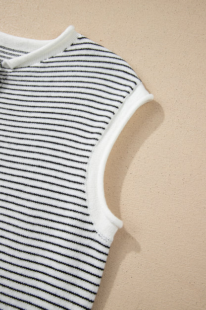 Black Stripe Contrast Trim Cap Sleeve Button Down Casual Cardigan