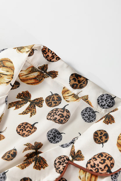 Beige Leopard Pumpkin Allover Halloween 2pcs Pajama Set