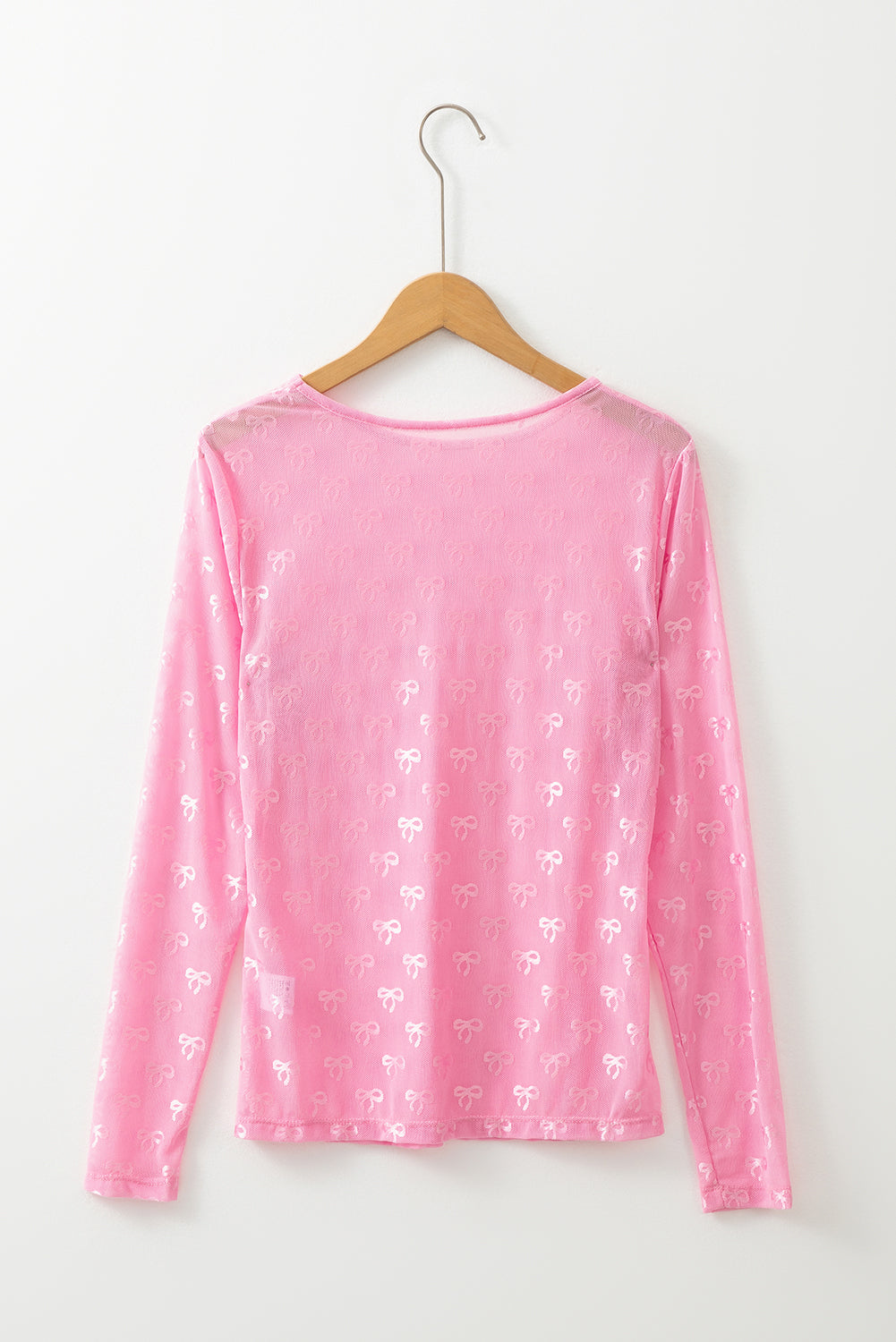 Pink Mesh Bow Pattern Long Sleeve Top