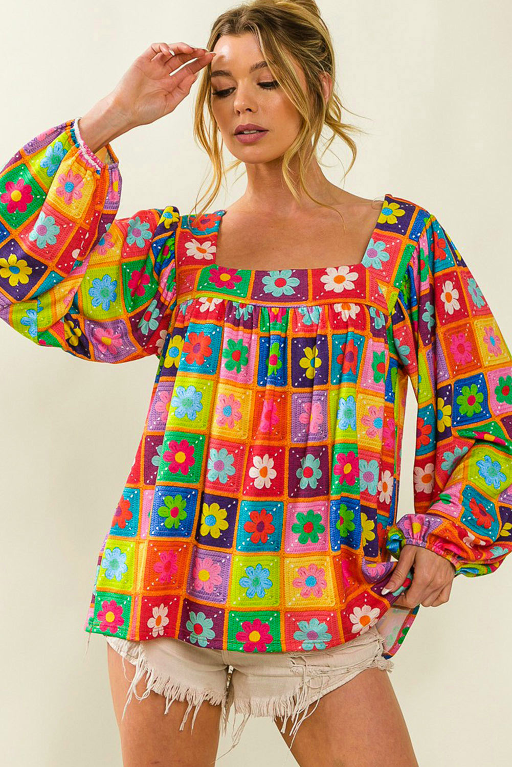 Multicolor Floral Pattern Square Neck Puff Sleeve Blouse