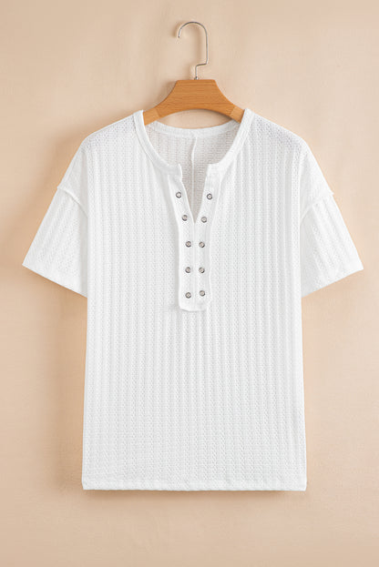White Textured Hollow Grommet Placket Split Neck Short Sleeve Top