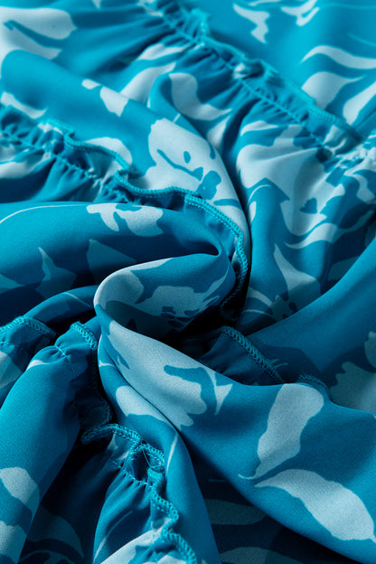 Blue Flower Half Sleeve Tiered Ruffled Mini Dress