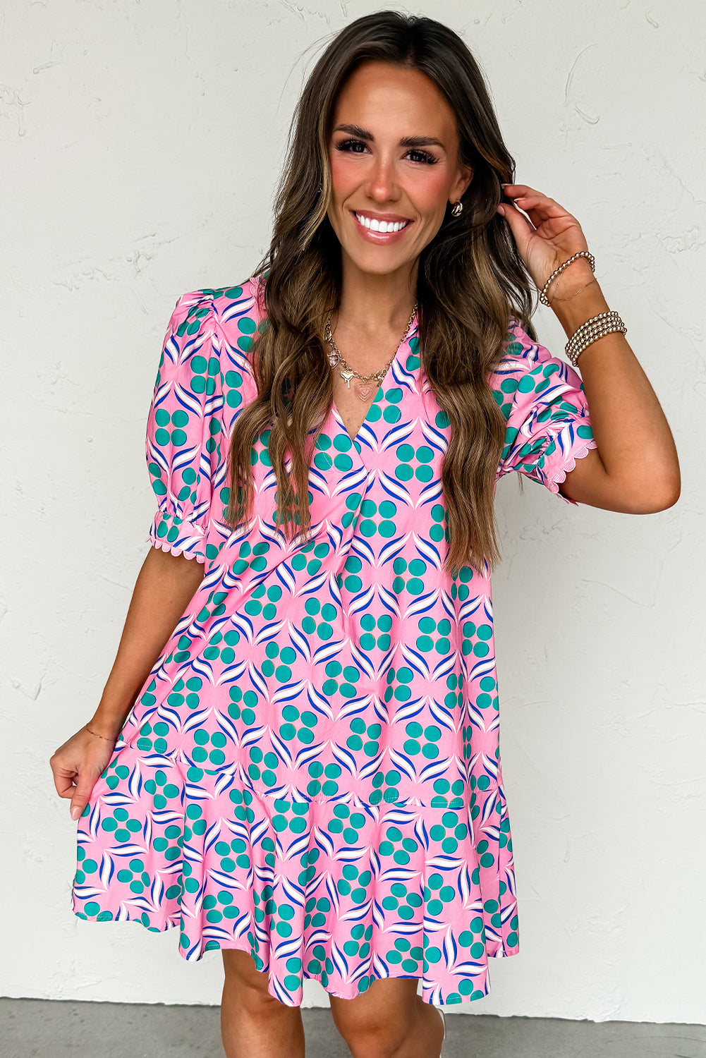 Pink Geometric Floral Print V Neck Ricrac Trim Short Sleeve Mini Dress