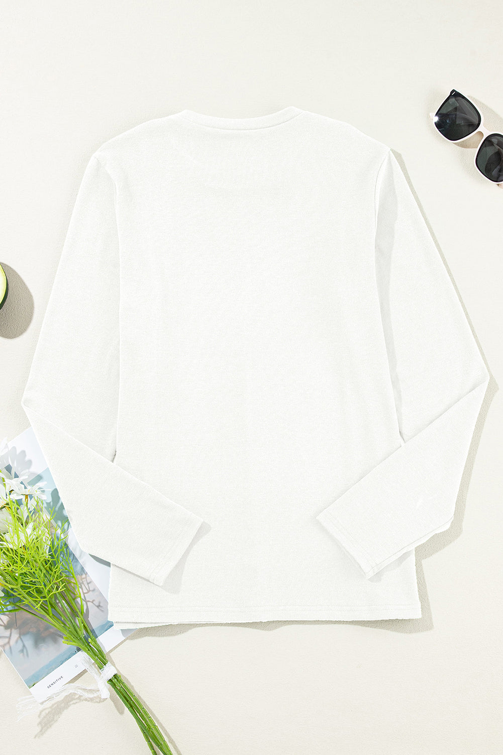 White Solid Exposed Seam Crew Neck Long Sleeve Top