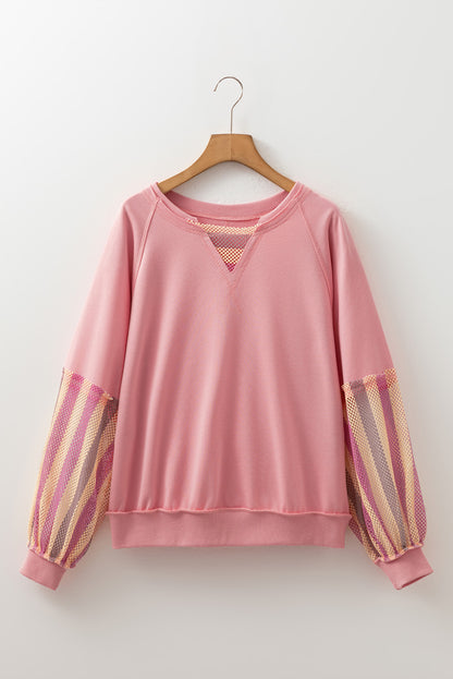 Blossom Striped Mesh Sleeve Patchwork Exposed Seam Casual Pullover Top