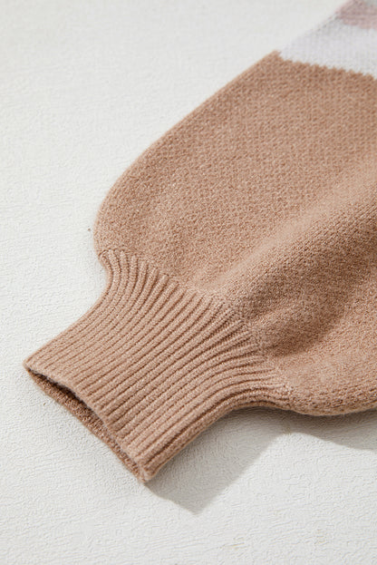 Straw Yellow Leopard Color Block Knit Round Neck Baggy Sweater