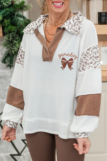 White game day Rugby Bow Embroidered Graphic Leopard Collar Color Block Patchwork Top