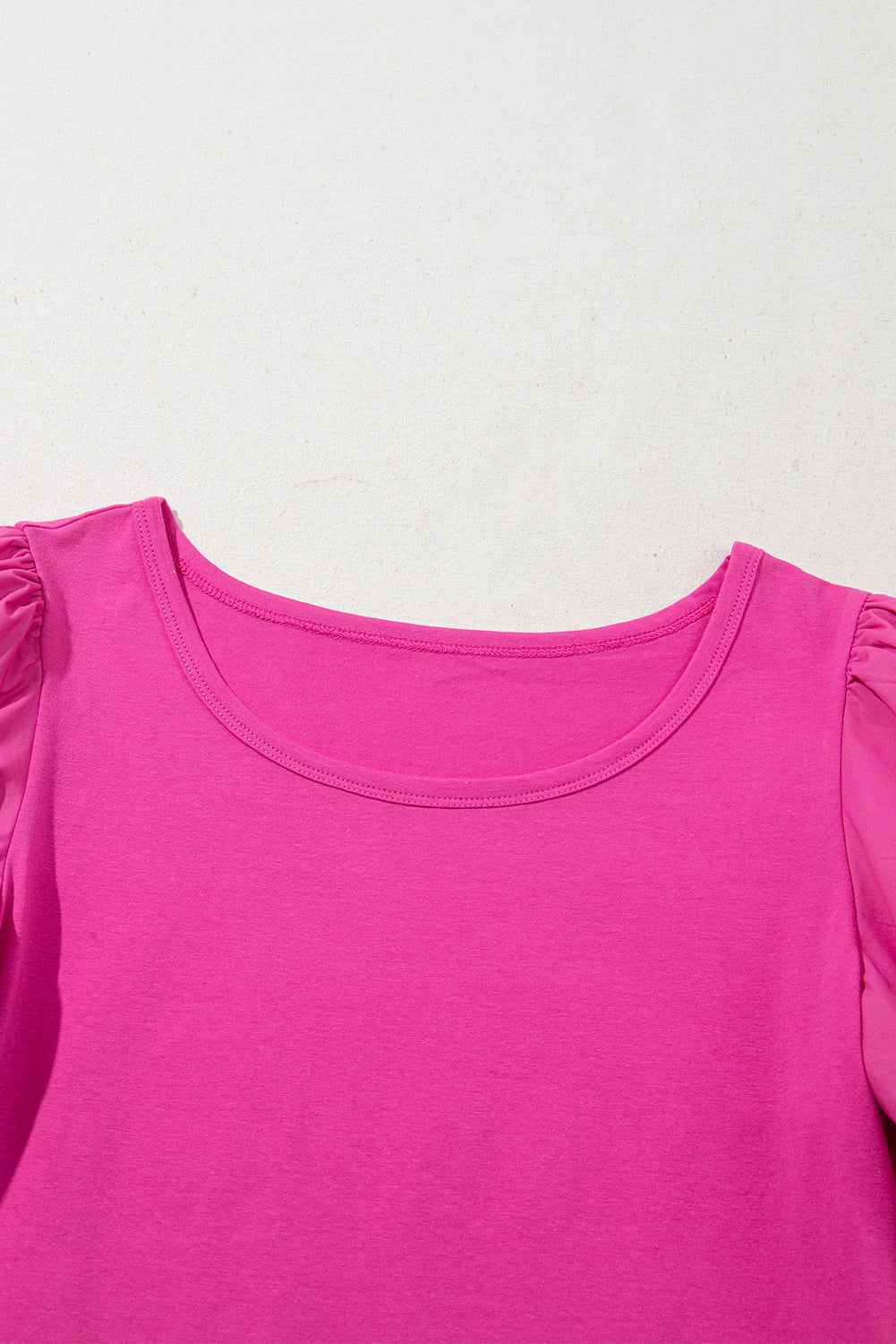 Strawberry Pink Casual Round Neck Bubble Sleeve T-shirt