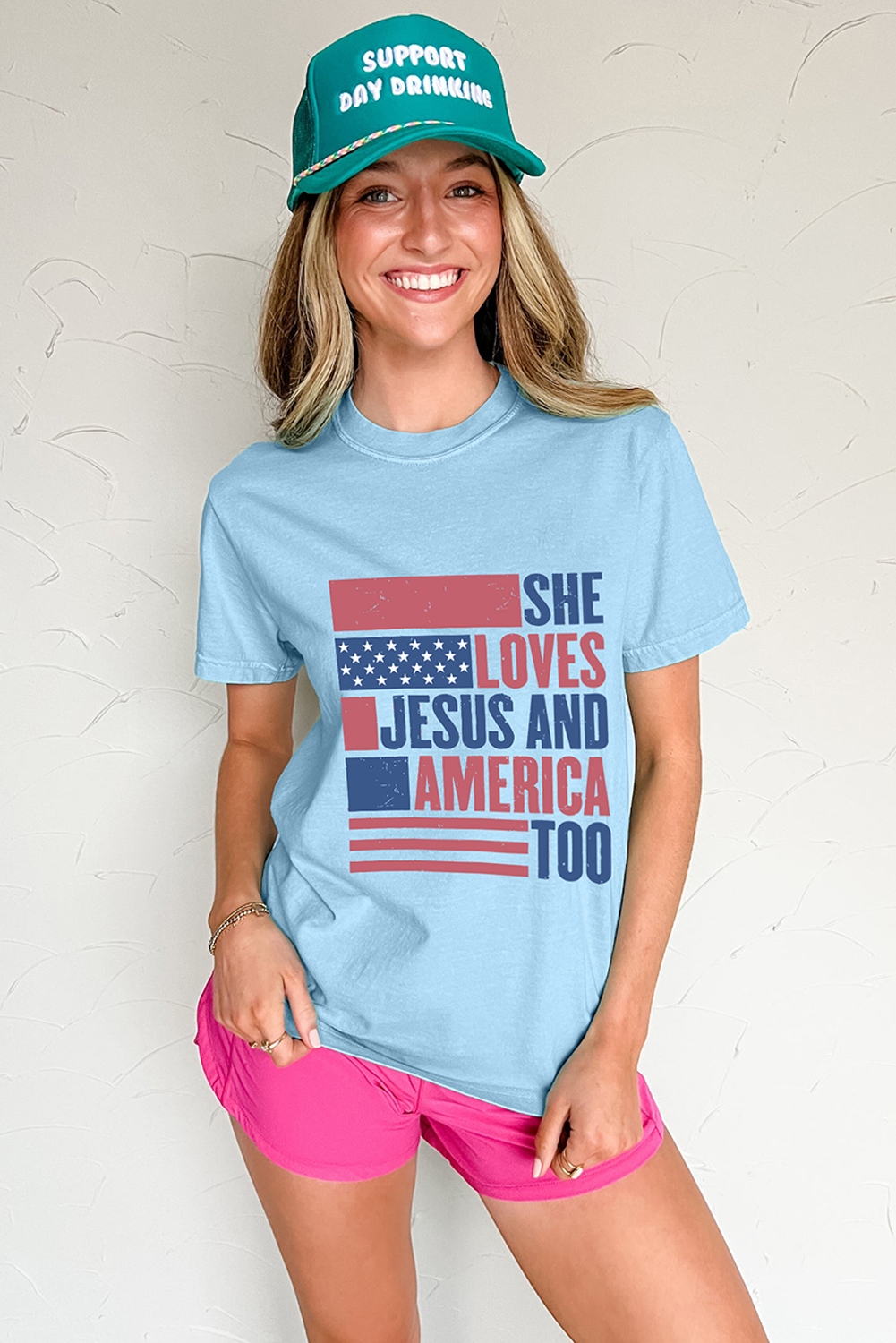 Light Blue SHE LOVES JESUS AND AMERICA TOO Flag Graphic T Shirt