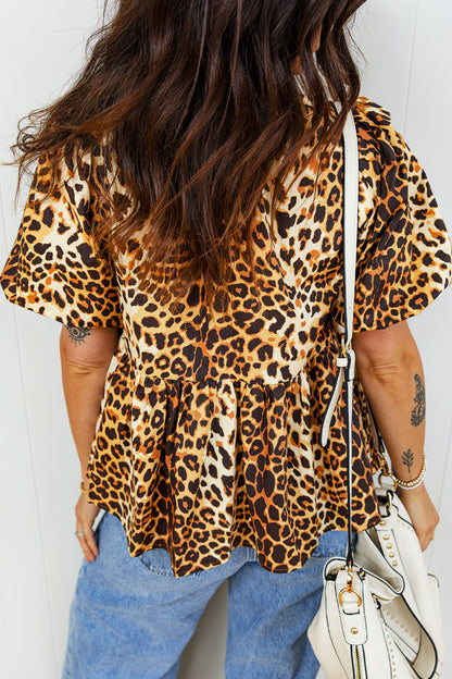 Leopard Print Short Puff Sleeve Slit Neck Babydoll Blouse