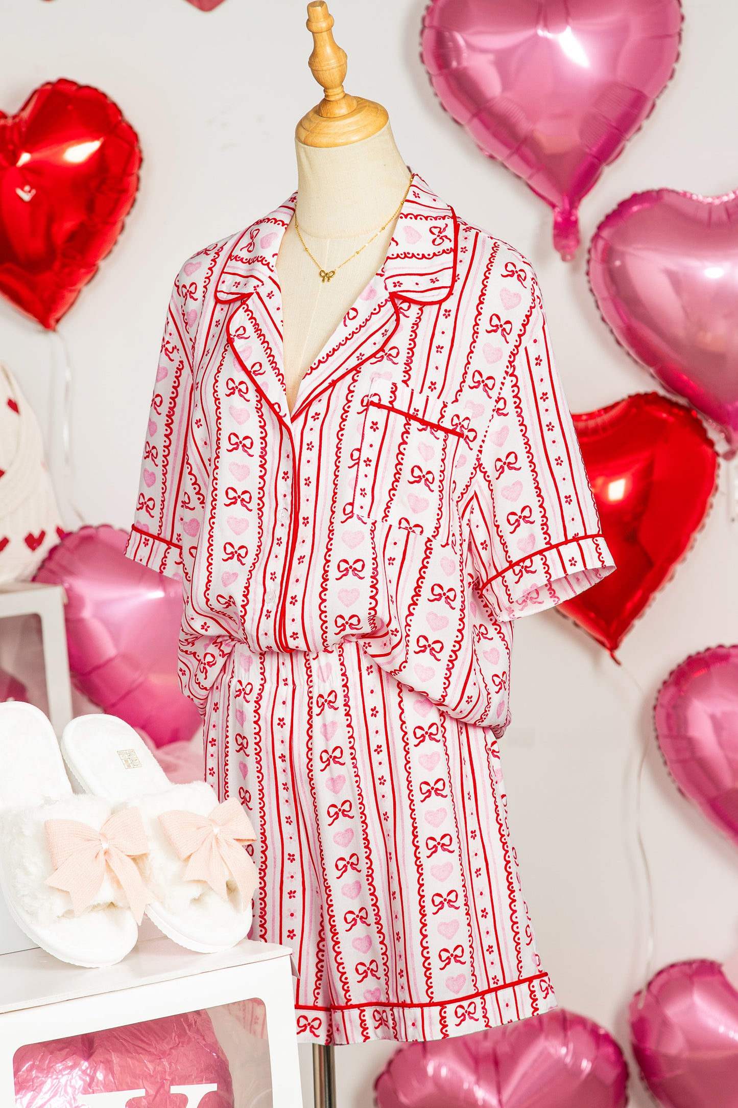 Red Cute Bow Heart Print Ribbon Decor Short 2pcs Pajama Set