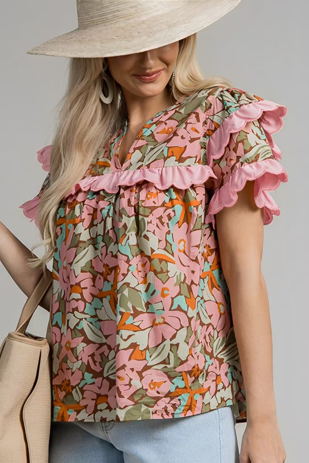 Multicolour Floral Tiered Ruffled Short Sleeve Blouse