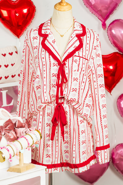 Red Sweet Floral Heart Bow Print Contrast Trim Long Sleeve Shirt Pajama Short Set