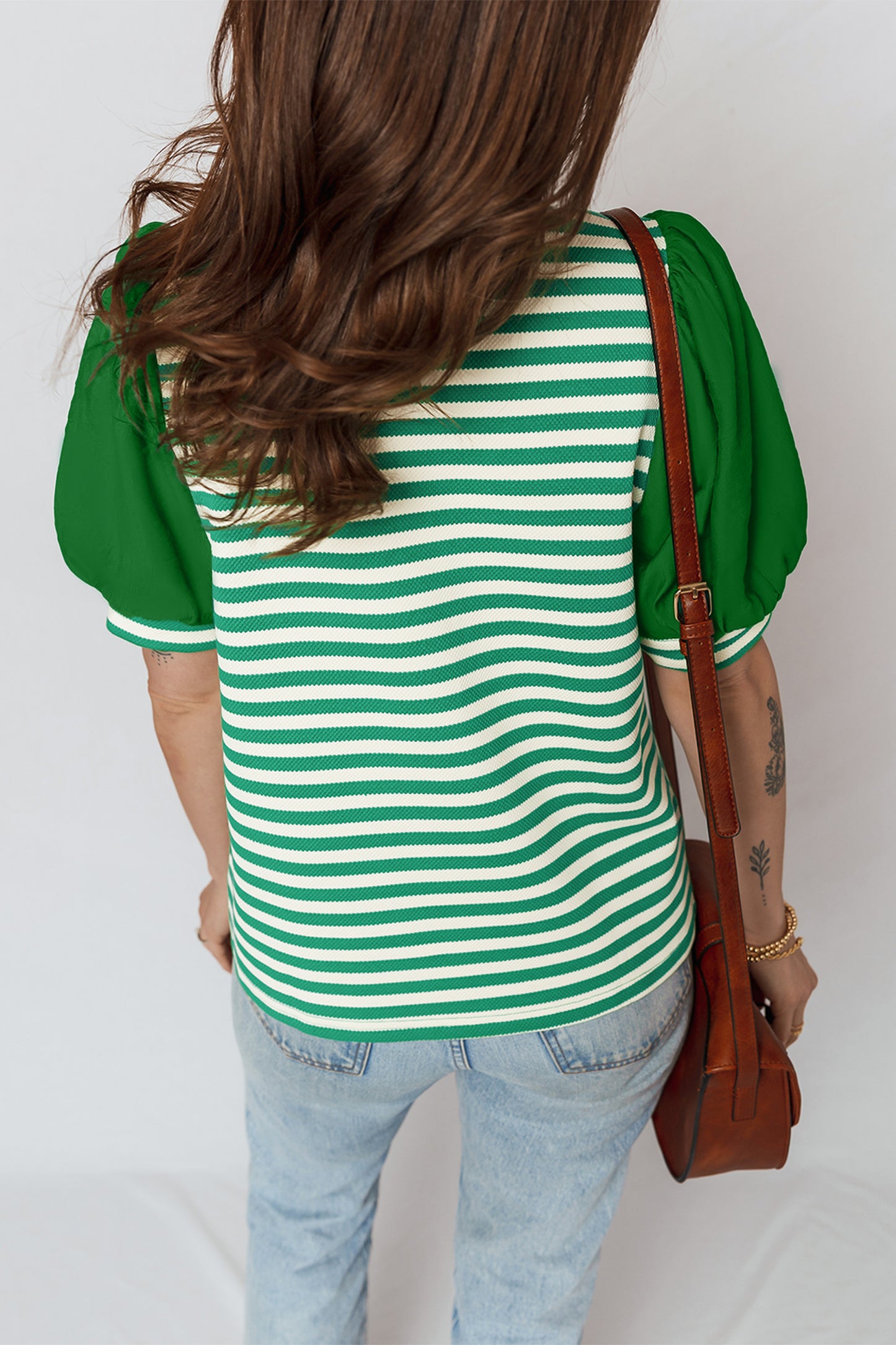 Green Stripe Puff Short Sleeve Patchwork V Neck Blouse
