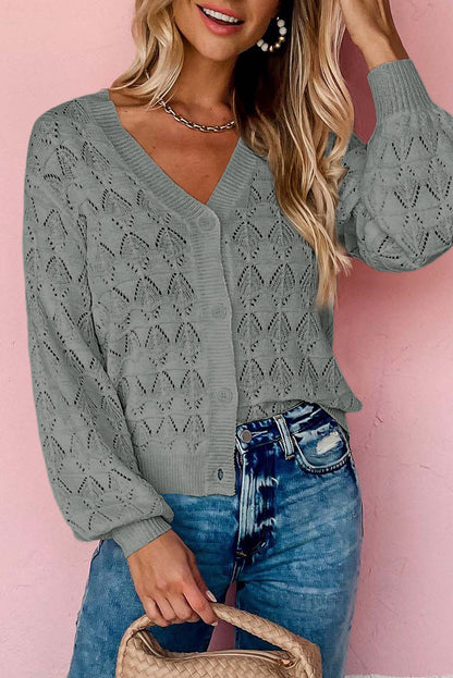 Gray Lightweight Buttoned Front Crochet Cardigan