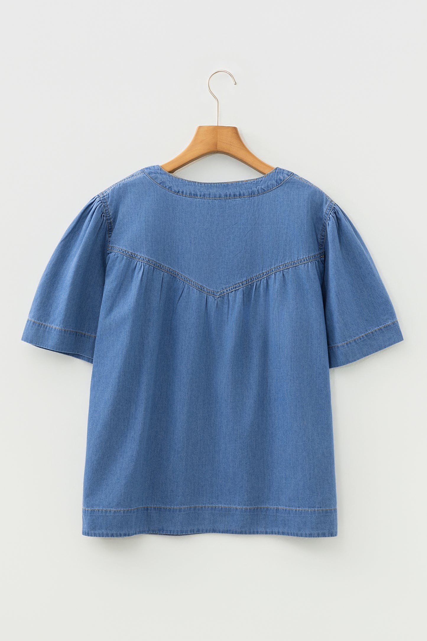 Beau Blue Seam Pleated Detail Half Button Short Sleeve Denim Top