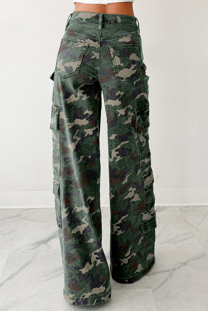 Green Camo Denim Cargo Wide Leg Pants