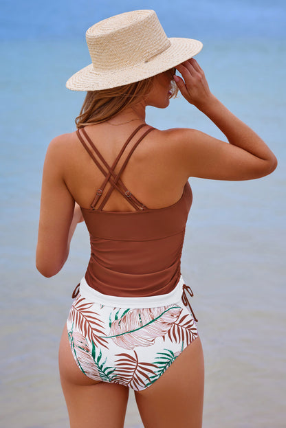 Blue Stripe Drawstring Tummy Control Mix-and-match 2pcs Tankini Swimsuit