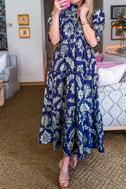 Blue Wild Floral Print Frilled Collar Half Sleeve Long Dress