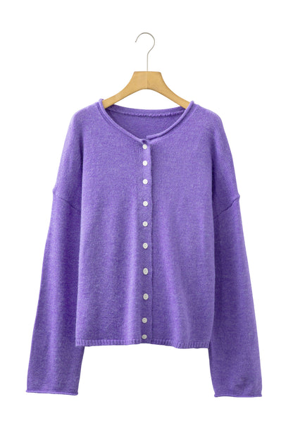 Wisteria Solid Color Knit Button Drop Shoulder Sweater Cardigan