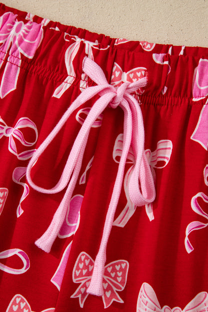 Red Sweet Bow Print Shirt Style Top Long 2pcs Pajama Set