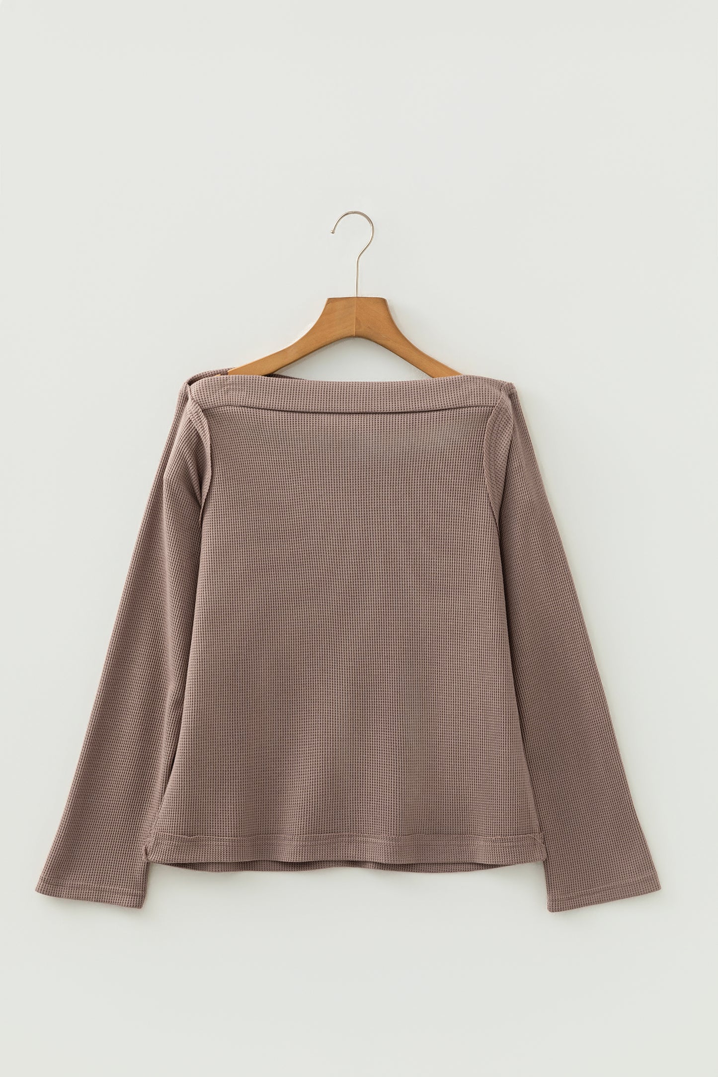 Old Rose Solid Color Waffle Knit Asymmetric Neck Long Sleeve Top