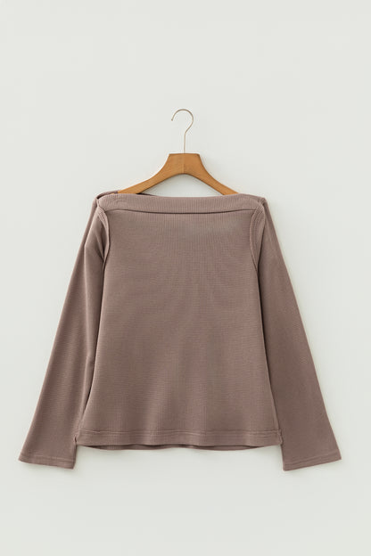 Old Rose Solid Color Waffle Knit Asymmetric Neck Long Sleeve Top