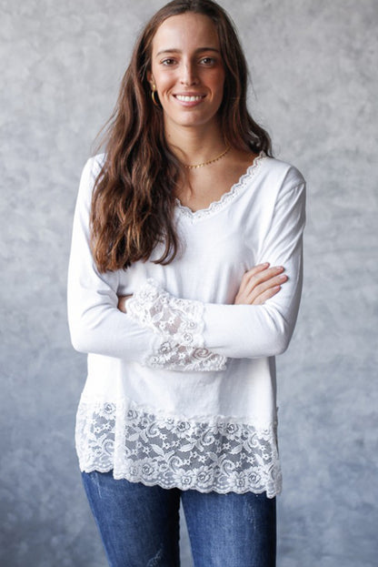 White Lace Trim V Neck Cuffed Long Sleeve Loose Top