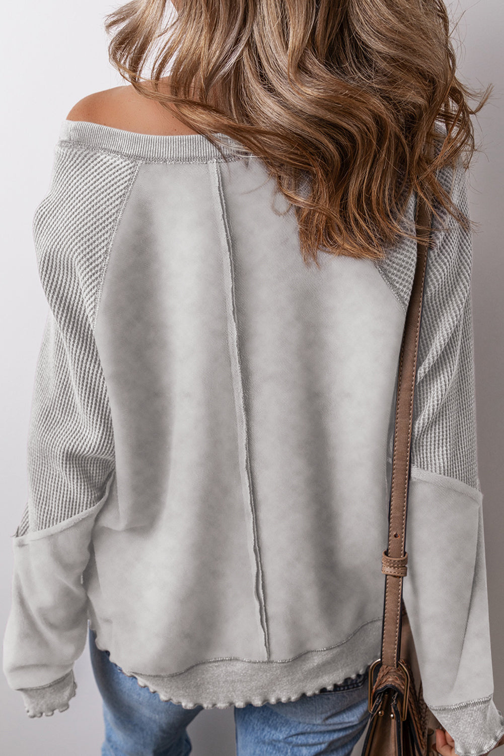 Light Grey Solid Waffle Knit Patchwork Raglan Sleeve Sweatshirt