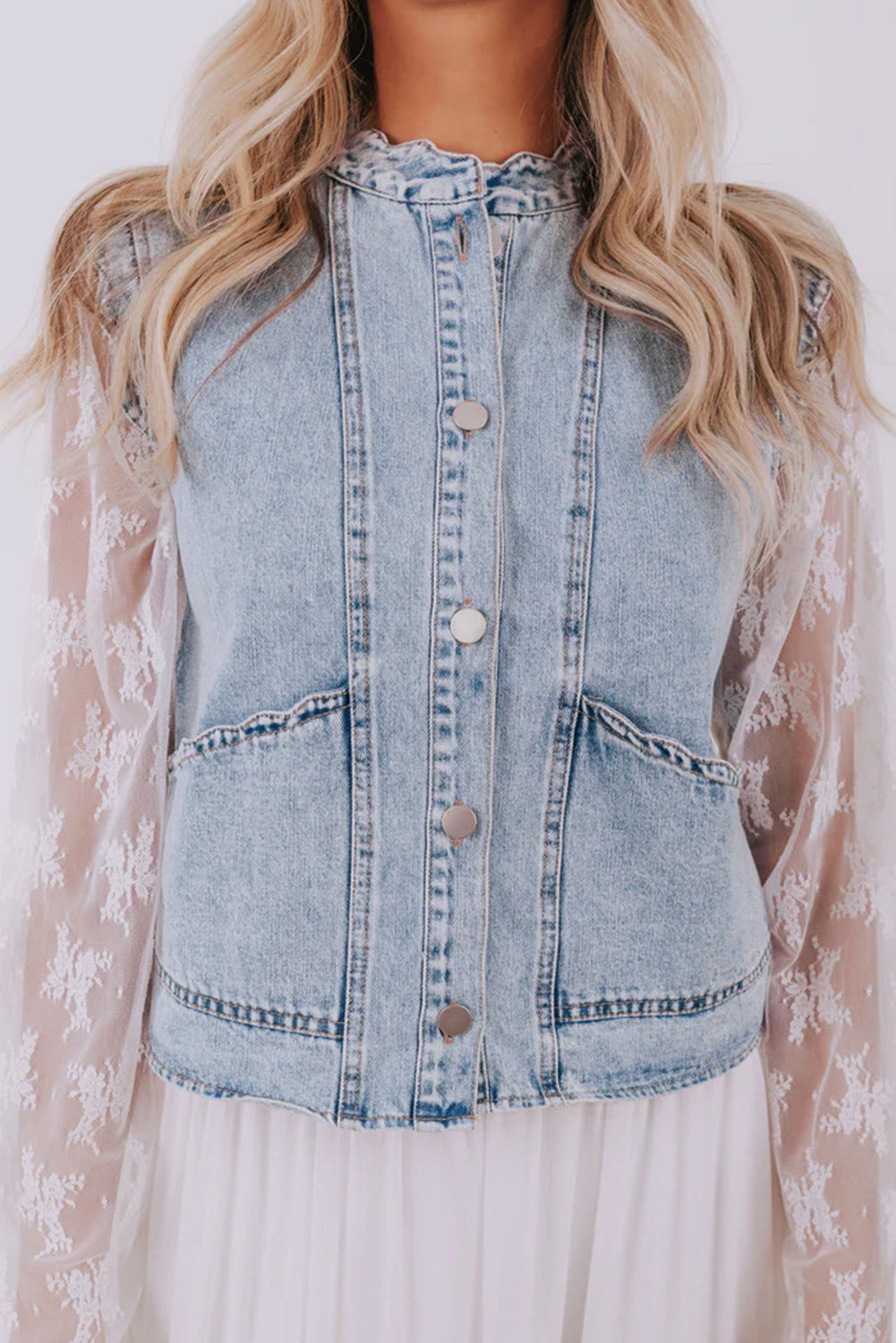 Beau Blue Scalloped Trim Patch Pocket Button Front Denim Vest