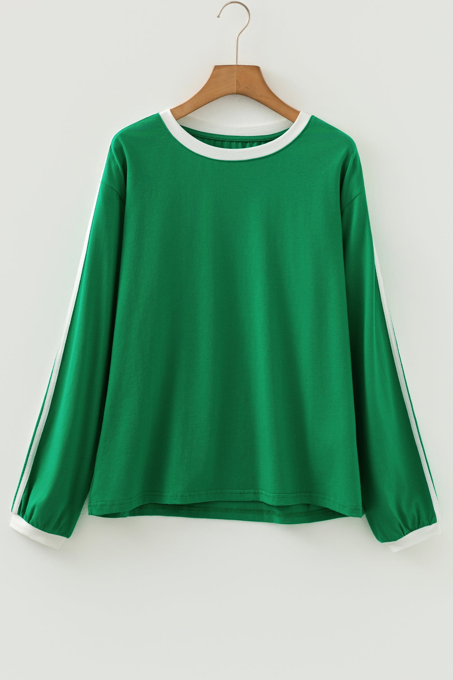 Bright Green Varsity Striped Accent Contrast Crew Neck Long Sleeve T Shirt