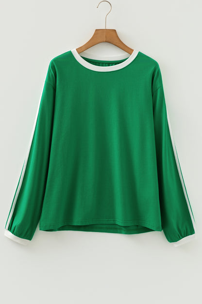 Bright Green Varsity Striped Accent Contrast Crew Neck Long Sleeve T Shirt