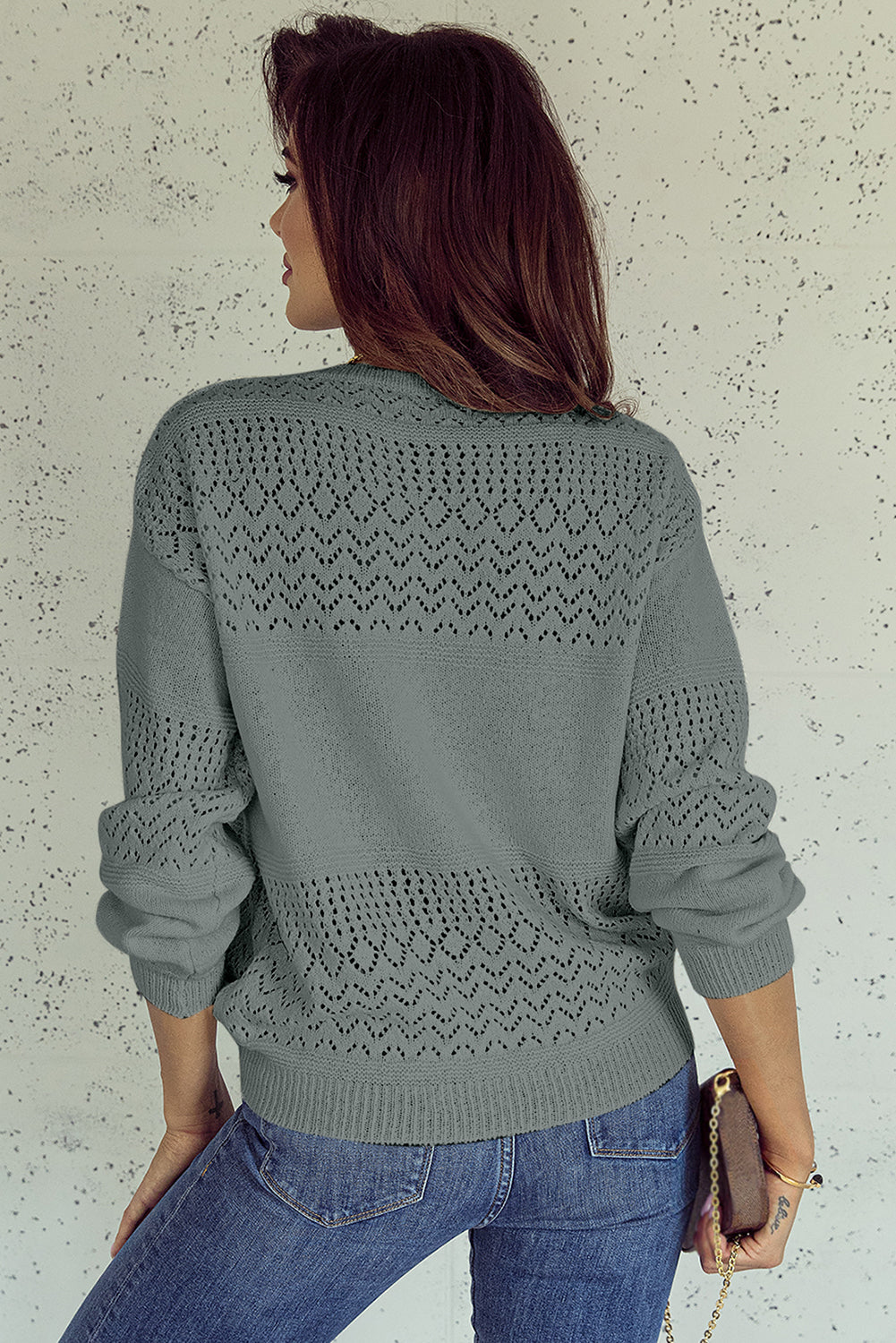 Mist Green Eyelet Pattern Detail V Neck Drop Shoulder Sweater