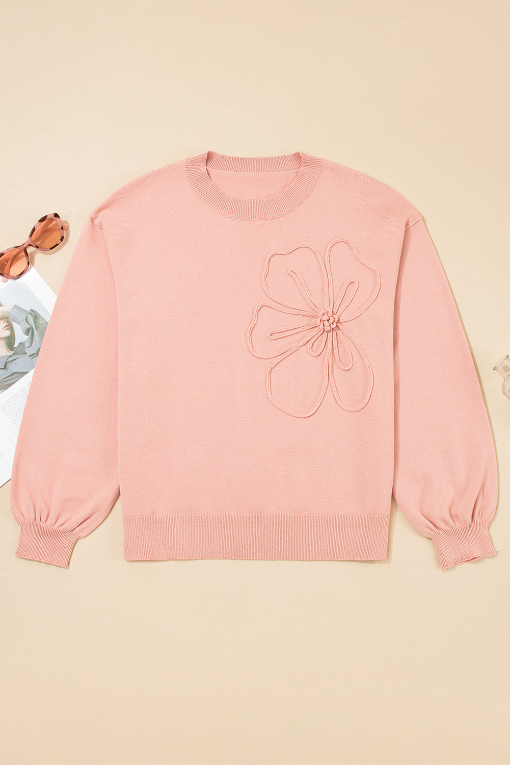 Peach Blossom Big Flower Accent Bubble Sleeve Drop Shoulder Sweater