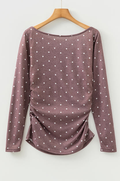 Dark Brown Polka Dot Boat Neck Knit Long Sleeve T Shirt