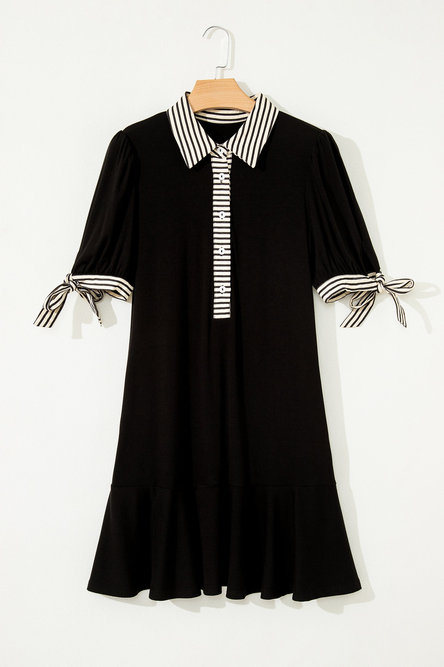 Black Stripe Detail Polo Collar Half Buttons Tied Short Sleeve Shift Mini Dress