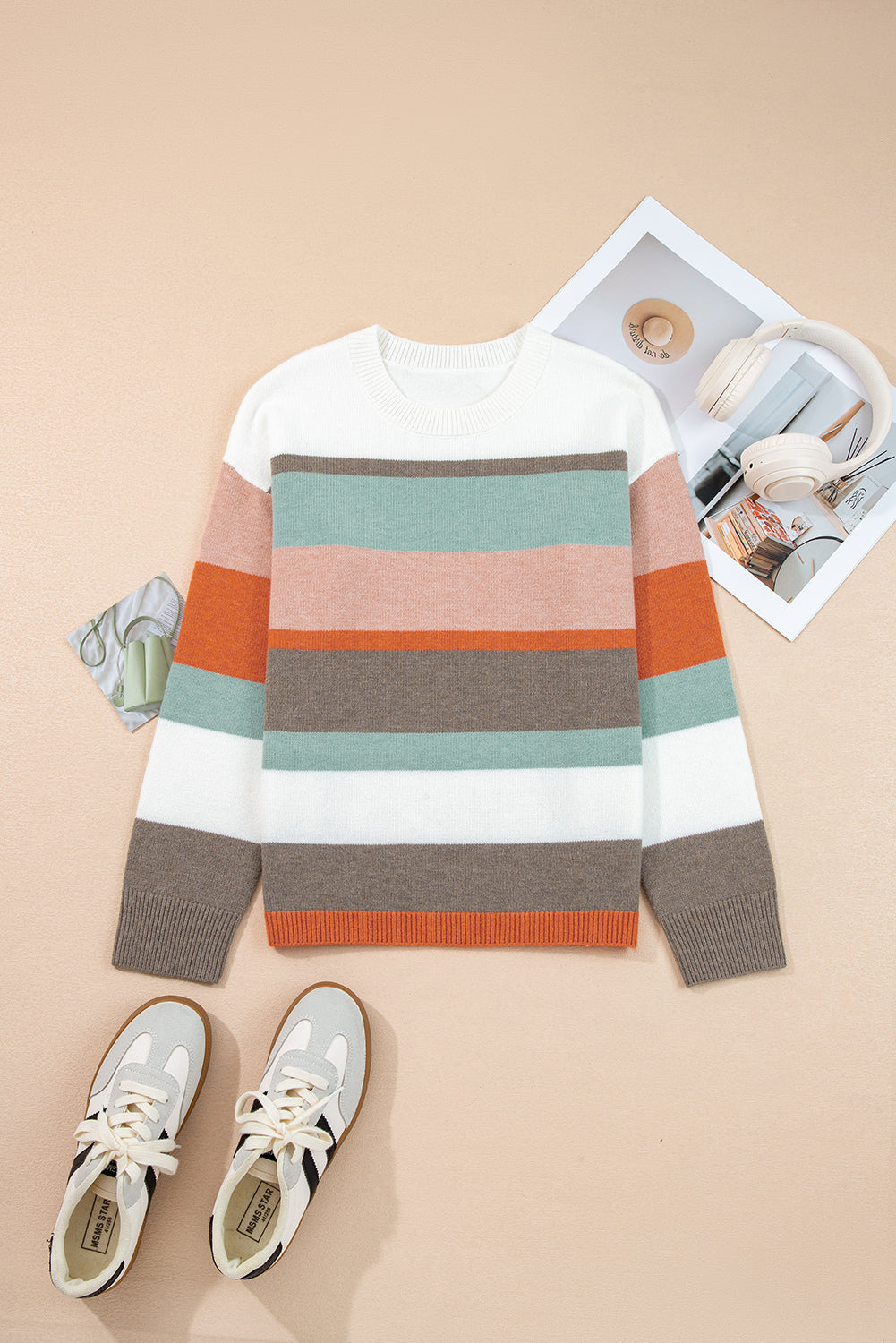White Striped Color Block Knit Drop Shoulder Sweater