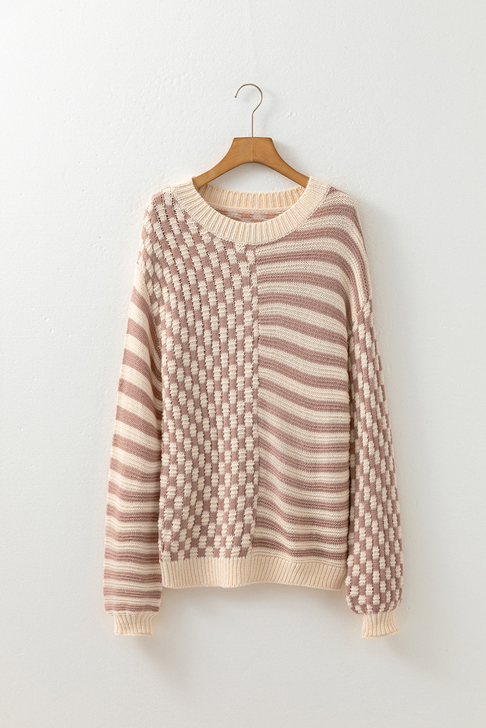 Khaki Stripe Checkerboard Drop Shoulder Balloon Sleeve Sweater