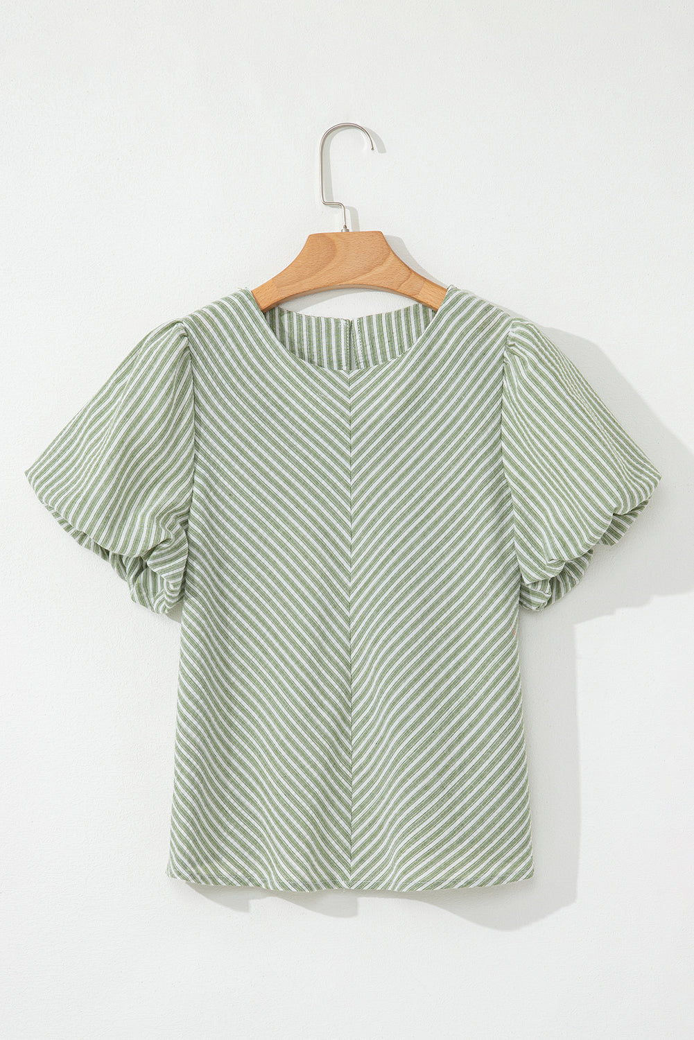 Green Stripe Textured Round Neck Short Puff Sleeve Blouse