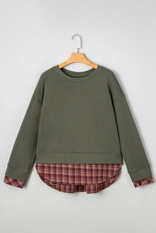 Moss Green Vintage Plaid Patchwork Drop Shoulder Sweatshirt