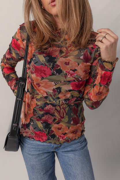 Multicolour Floral Print Lettuce Trim Long Sleeve Mesh Top