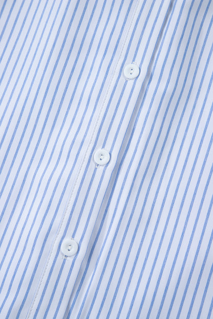 Sky Blue Stripe Floral Embroidered Billowy Sleeve Tunic Baggy Shirt