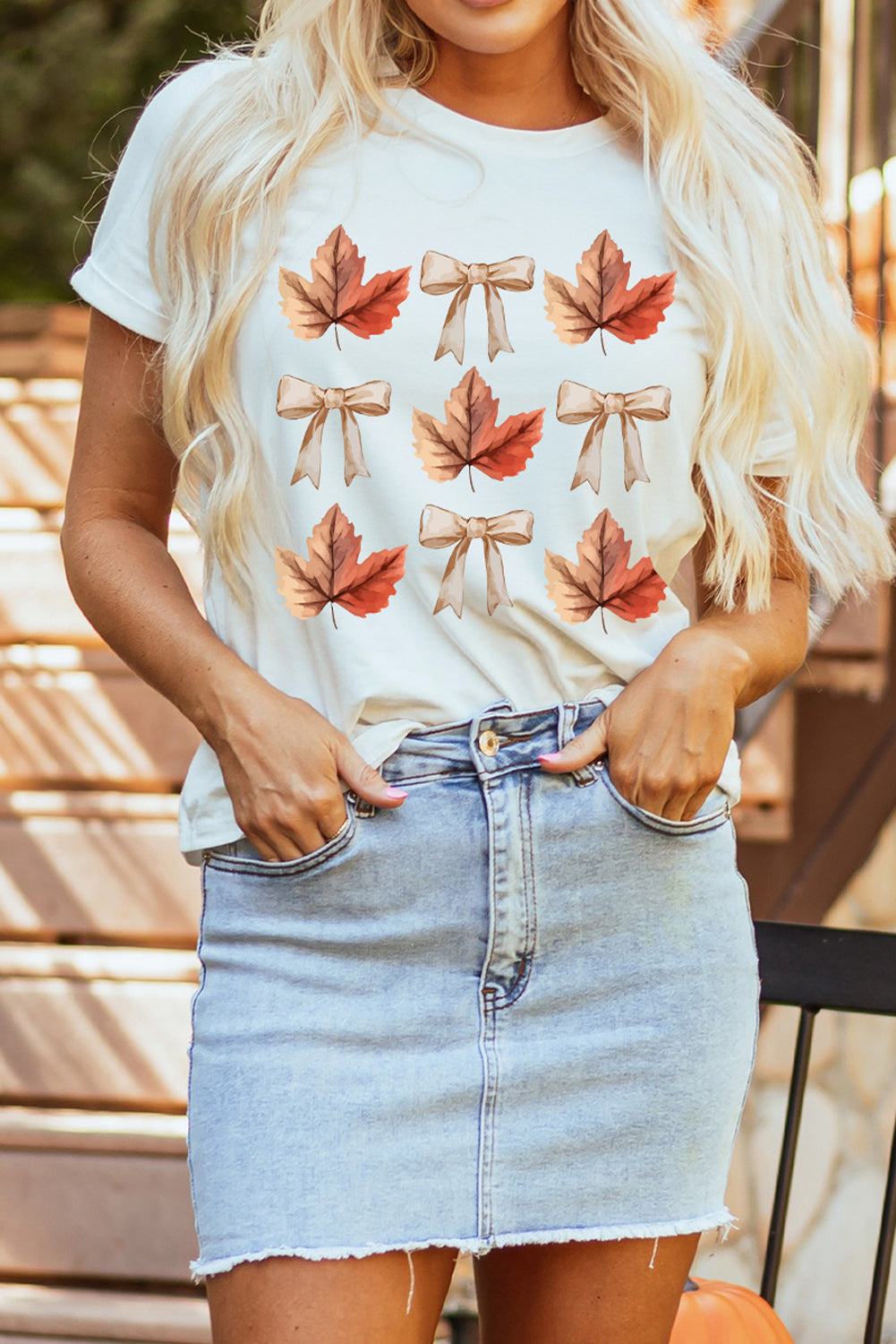 White Fall Leaf Bow Print Thanksgiving T Shirt