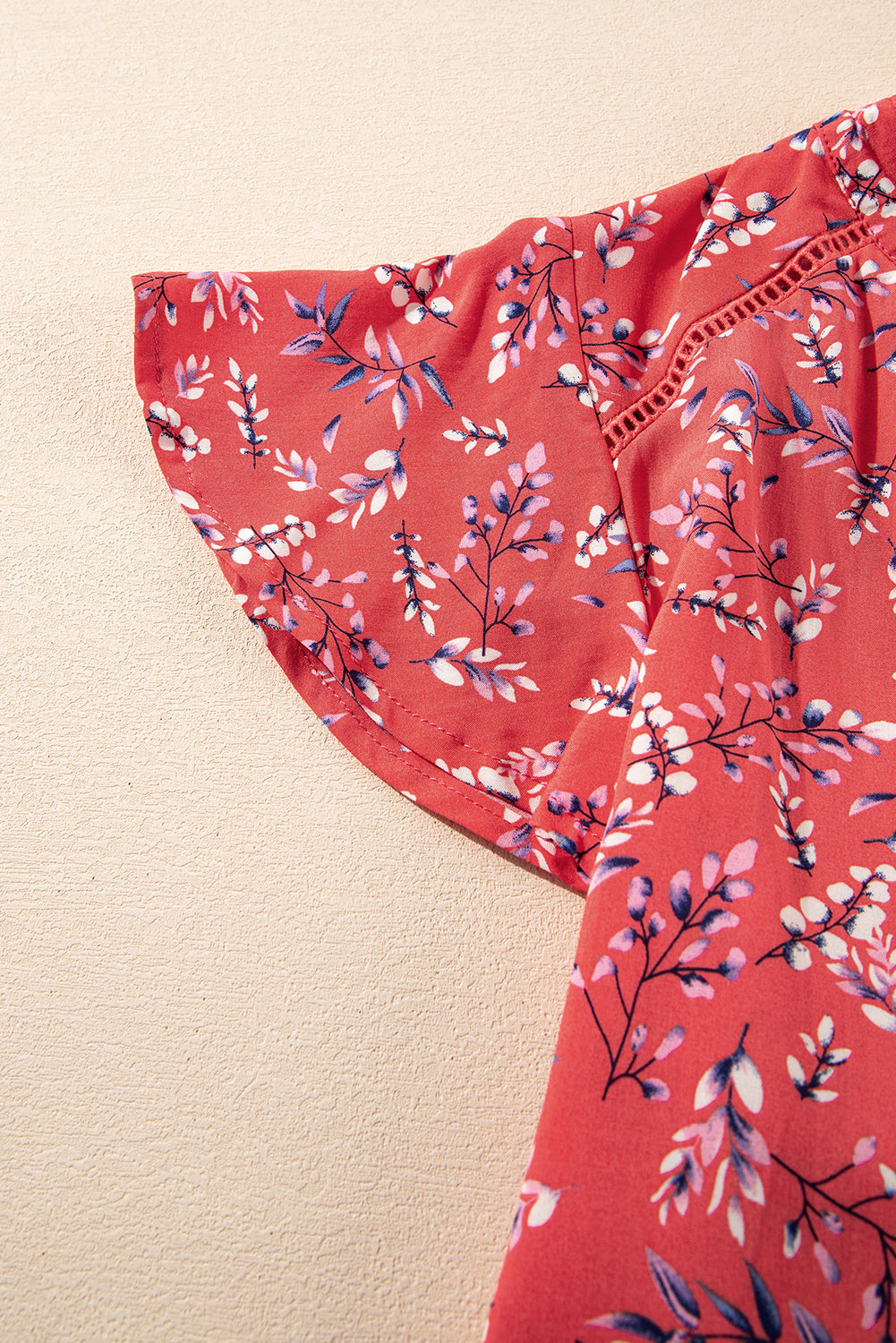 Red Floral Tie Split Neck Short Flounce Sleeve Crinkled Blouse