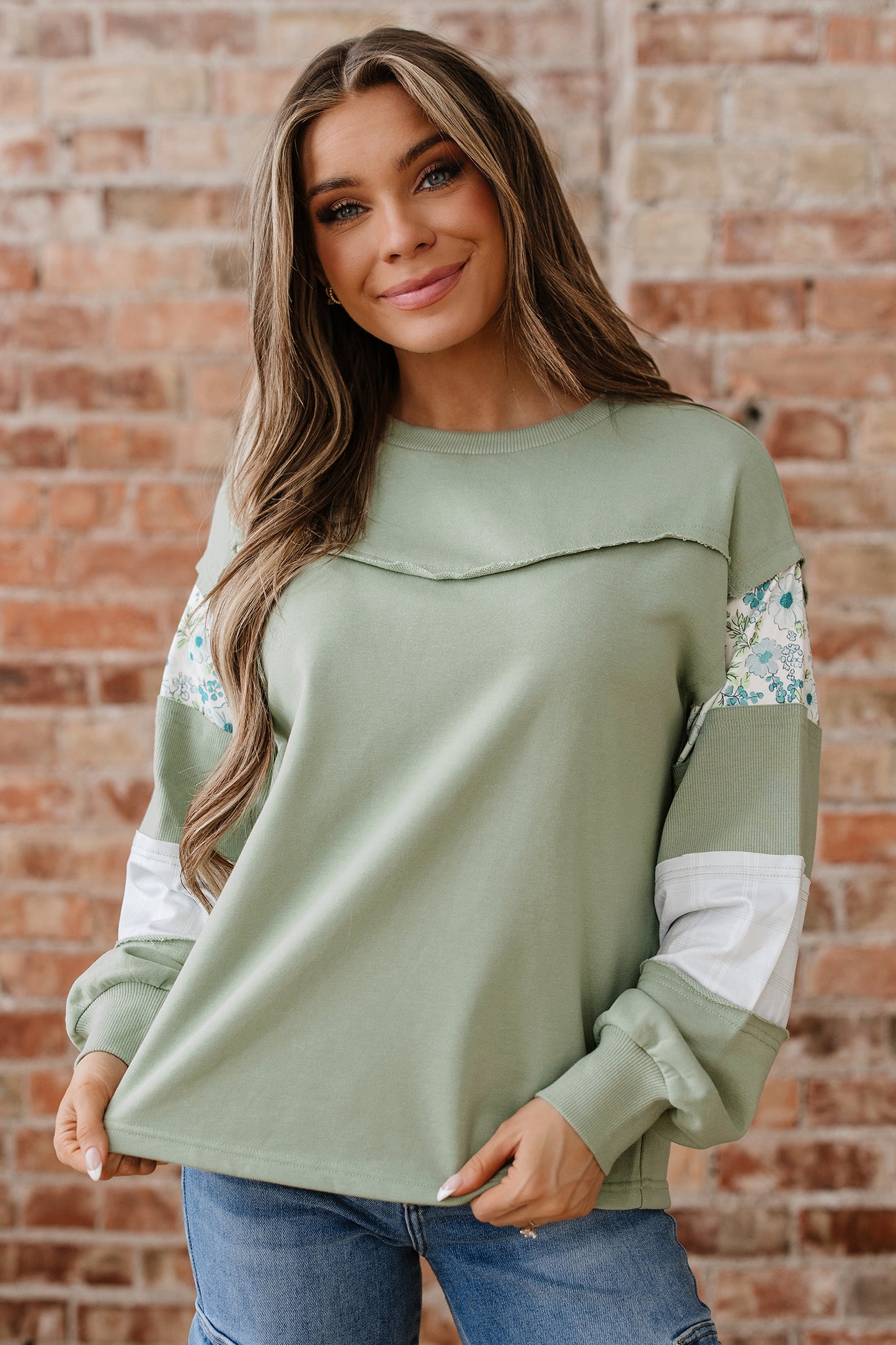 Laurel Green Floral Plaid Mixed Sleeve Raw Edge Relaxed French Terry Top
