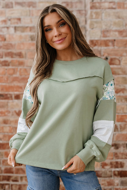 Laurel Green Floral Plaid Mixed Sleeve Raw Edge Relaxed French Terry Top