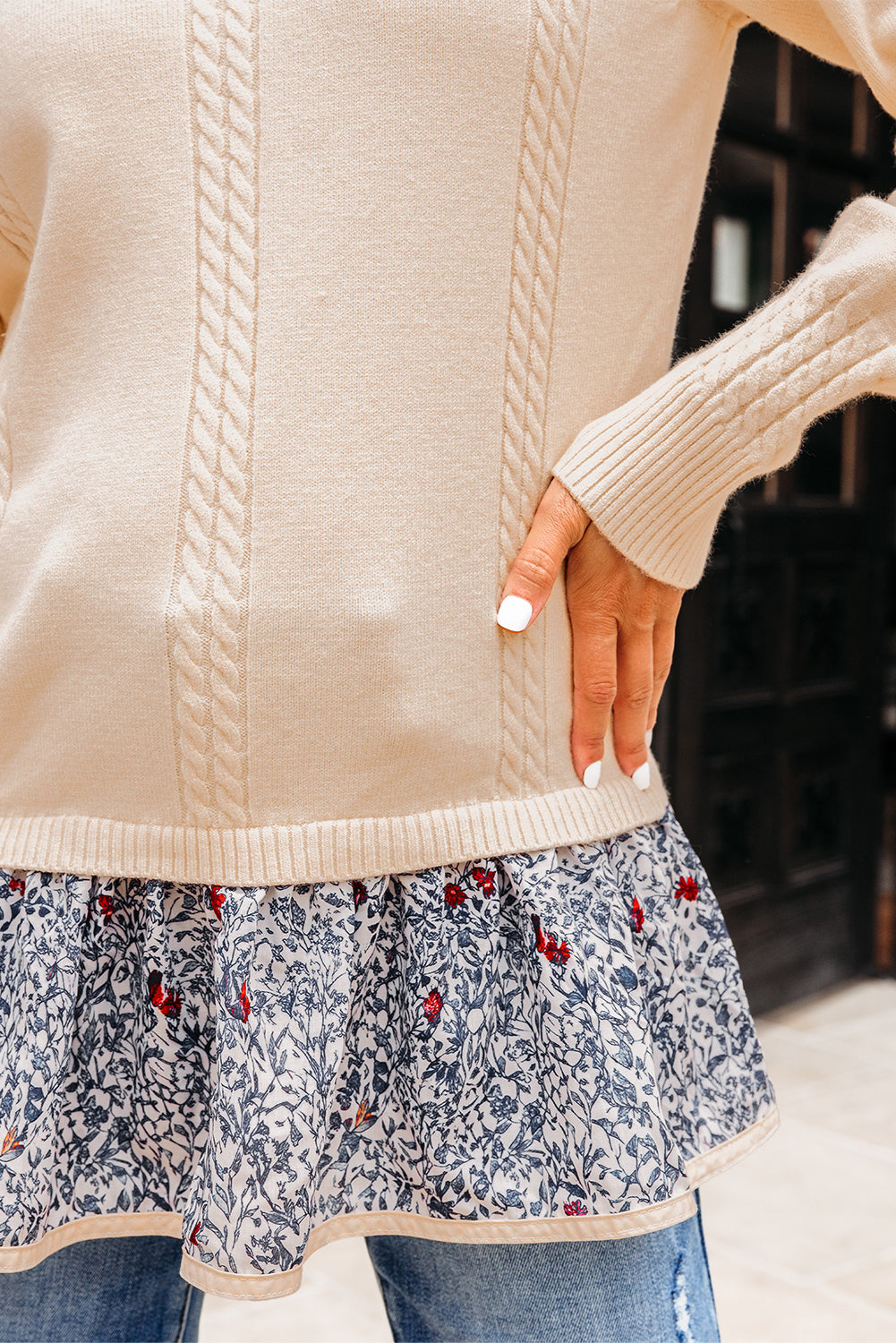 Beige Cable Texture Bohemian Ruffle Hem Patchwork Sweater